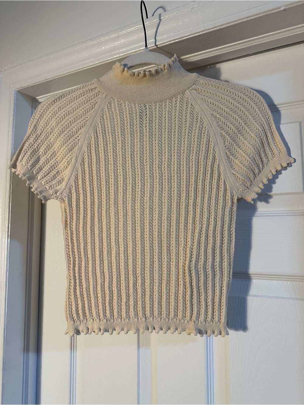 Anthropologie Cream Ruffle-Trim Knit Top